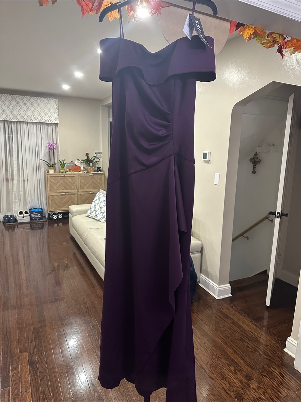 Xscape One-Shoulder Draped Evening Gown in Deep Purple